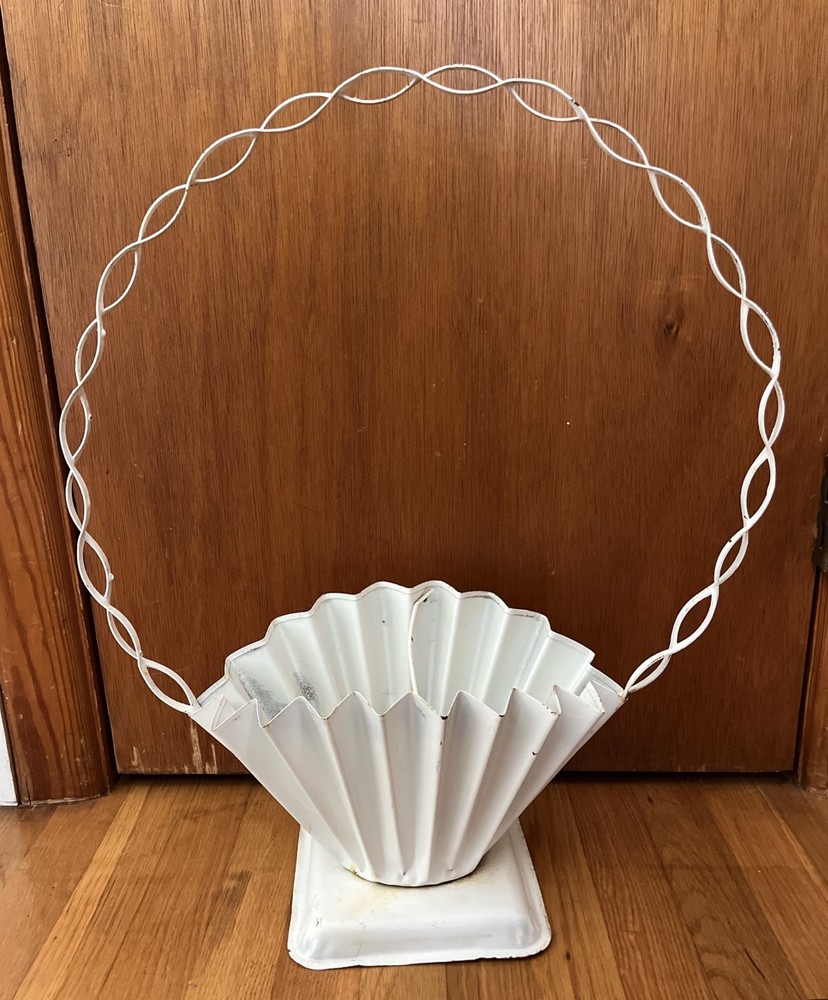 RARE Vintage White Metal Graveside Funeral Flower Basket 22″ Fan Beautiful!