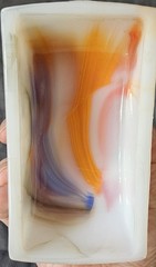 Vintage Akro Agate White Orange Blue Swirly Dish Made in USA 🇺🇸