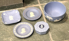 Wedgwood Blue Jasperware Lot 5pc Bowl Trinket Box Tray Plate Set Vintage Relief