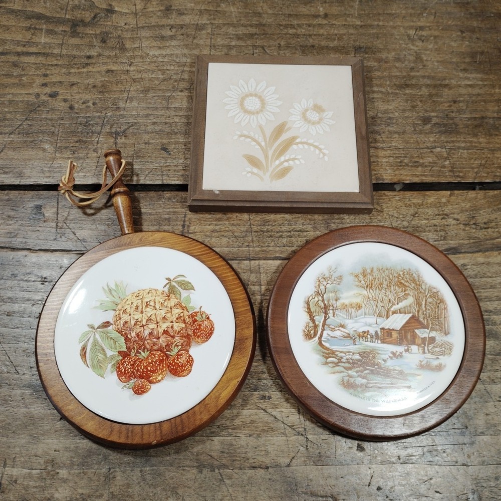 3 Vintage Currier & Ives Ceramic Trivet Unbranded Tile Wood Folk Art Decor Wall
