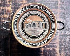 Handpainted Copper Greek Style Footed Pedestal Bowl Parthenon Scene Made Greece