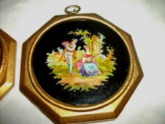 Antique French Miniature Reverse Painted Glass Plaques Romantic Couples 1930s Pr