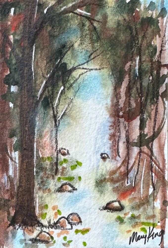 Original ACEO Watercolor Painting by Mary King – Walk Into the Forest