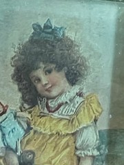1940s blue Green glass rectangular child with dolls Victorian print paperweight