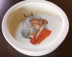 Antique Ironstone Feeding Dish EDWARDIAN EQUESTRIAN W/ HORSE 7″ LARGE