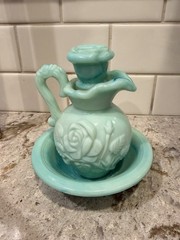 Vintage Avon Jadeite Type Green Swirl Milk Glass Rose Mini Bowl and Pitcher Set