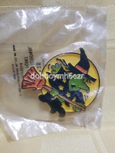 Hallmark Vintage Halloween Witch Broom Moon Lapel Pin original packaging