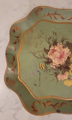 VTG Hand Painted Floral Serving Tole Tray Olive Green Stand Cottage Core Shabby