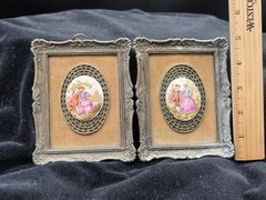 Vintage Pair Ornate Cast Metal Frames Limoges Style Porcelain Romantic Plaques