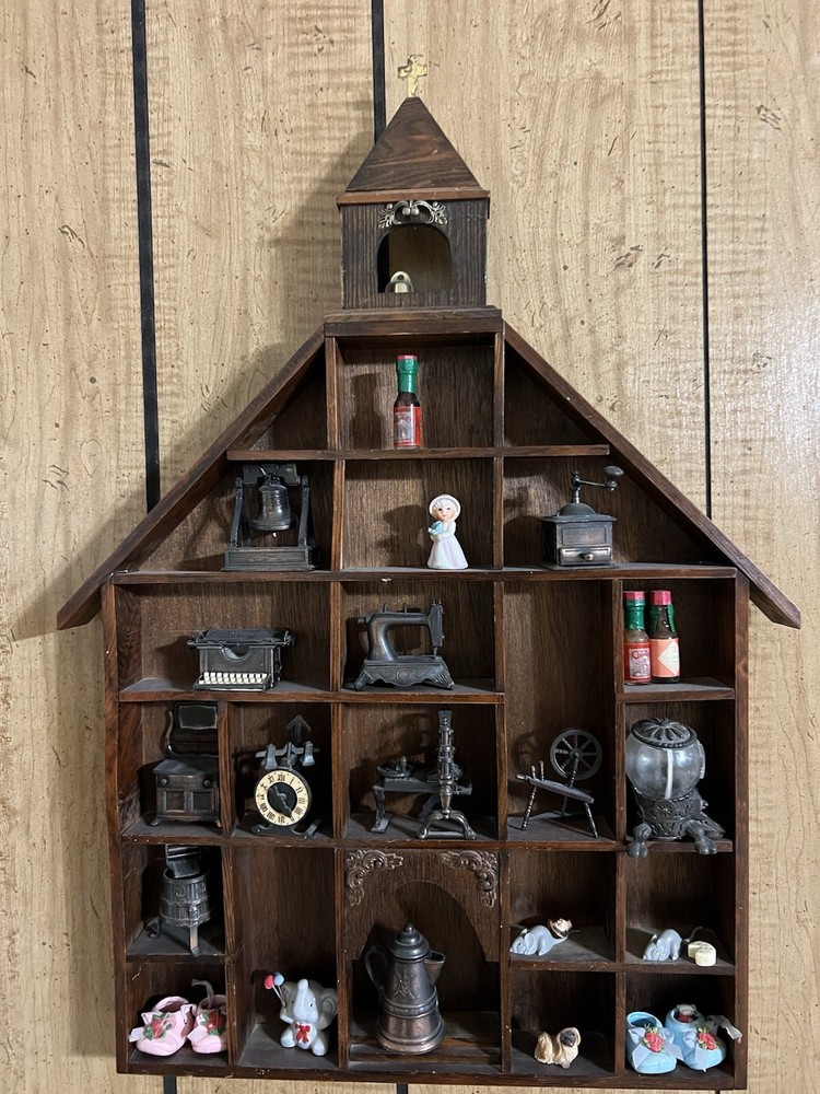 Brown Vintage Wall-Mounted Shadow Box Display Shelf with Multiple Compartments