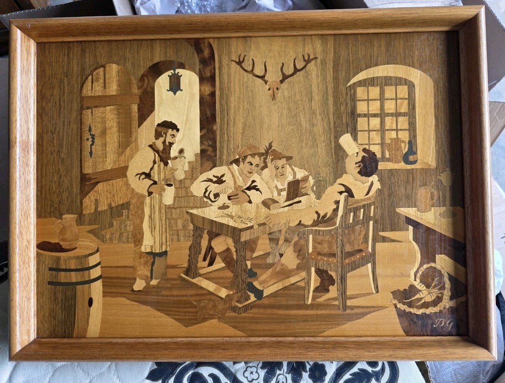 Buchschmid & Gretaux German Wood Inlay Tavern Wall Hanging- 20″ X 14.5″