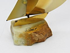 Vintage DeMott Signed Brass Metal Sail Boat Sculpture Onyx Base Nautical 8″