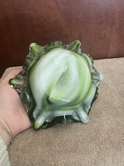 Vtg. Heavy Green Art Glass Ruffled/Flower Bowl Murano Style Hand Blown(Set Of 2)