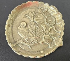 Vintage Art Nouveau Brass Scalloped Round Trinket Dish Impressed Bird Floral…