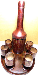 Unbranded~Wooden Folk Art Decanter with 6 Stem Cups and Serving Tray Vintage