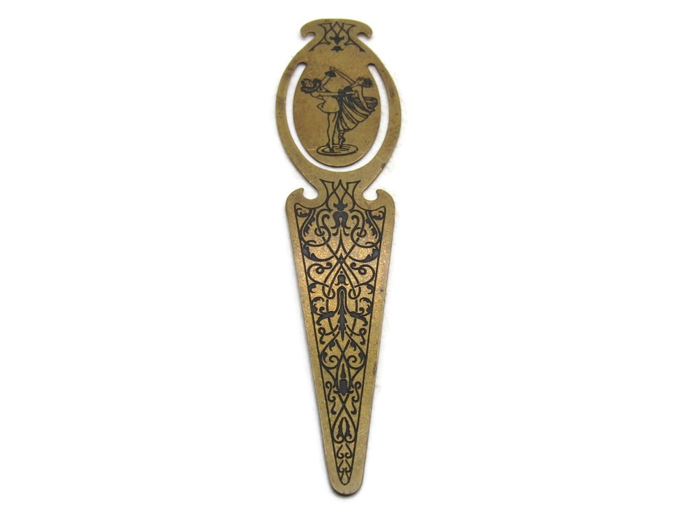 Vintage Art Nouveau Brass Bookmark Dancing Couple Etched Scrollwork Page Marker