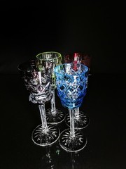 Faberge Na Zdorovye Crystal Colored Cordial Glasses 5 3/4″ H x 2″ at rim NIB