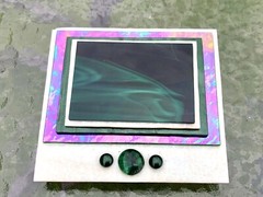 Modernist Art Glass Jackie Russo Iridescent Rainbow Green Glass Wall Art RARE