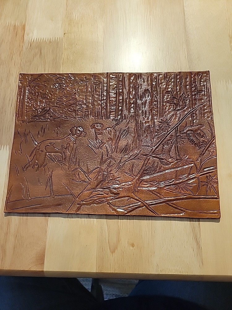 Hunting Dogs Pheasants Wood Scene Hand Unframed 8.5×11.5 Leather Tooled Art