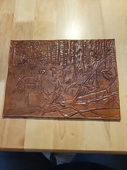 Hunting Dogs Pheasants Wood Scene Hand Unframed 8.5×11.5 Leather Tooled Art
