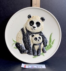 GOEBEL Panda Bear Mother & Baby Ceramic Black & White Plate 1977 Bas Relief