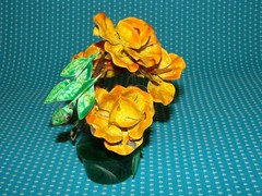 2 Unusual Vtg Enameled Metal Orange Flower Sculptures 6” Arrangement Resin Open