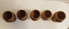 Vintage Wooden Pyrography Folk Art Decanter with 5 Stem Cups and Serving Tray