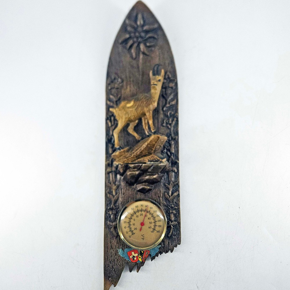 Swiss Black Forest style wood wall plaque thermometer carved ibex mountain goat