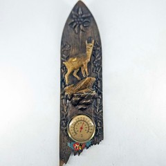 Swiss Black Forest style wood wall plaque thermometer carved ibex mountain goat
