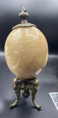 Set Of 2 Alabaster Egg on Three Legged Brass Stand with Elephants HEAVY!!