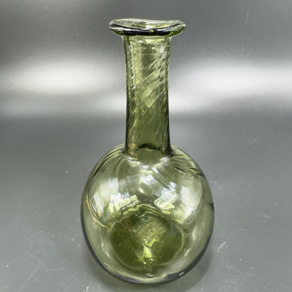 Green Hand Blown Art Glass Vase Bottle With Optic Swirl Hand Made Glassware VTG