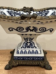 Bombay Co Blue & White Centerpiece Footed Bowl Floral Chinoiserie Brass Trim