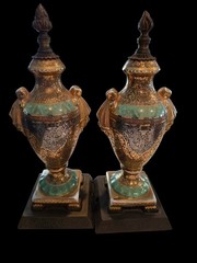 Victoria Czechoslovakia 24K Gold Urn Lidded Vases or Lamps Pair Green Blue