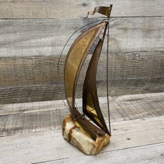 Vintage John DeMott Metal Brass Sailboat Boat Sculpture Stone Base