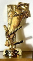 Vintage Gold Tone Metal Carpenter Woodworker Award Trophy Walnut Wood Base 6.5”