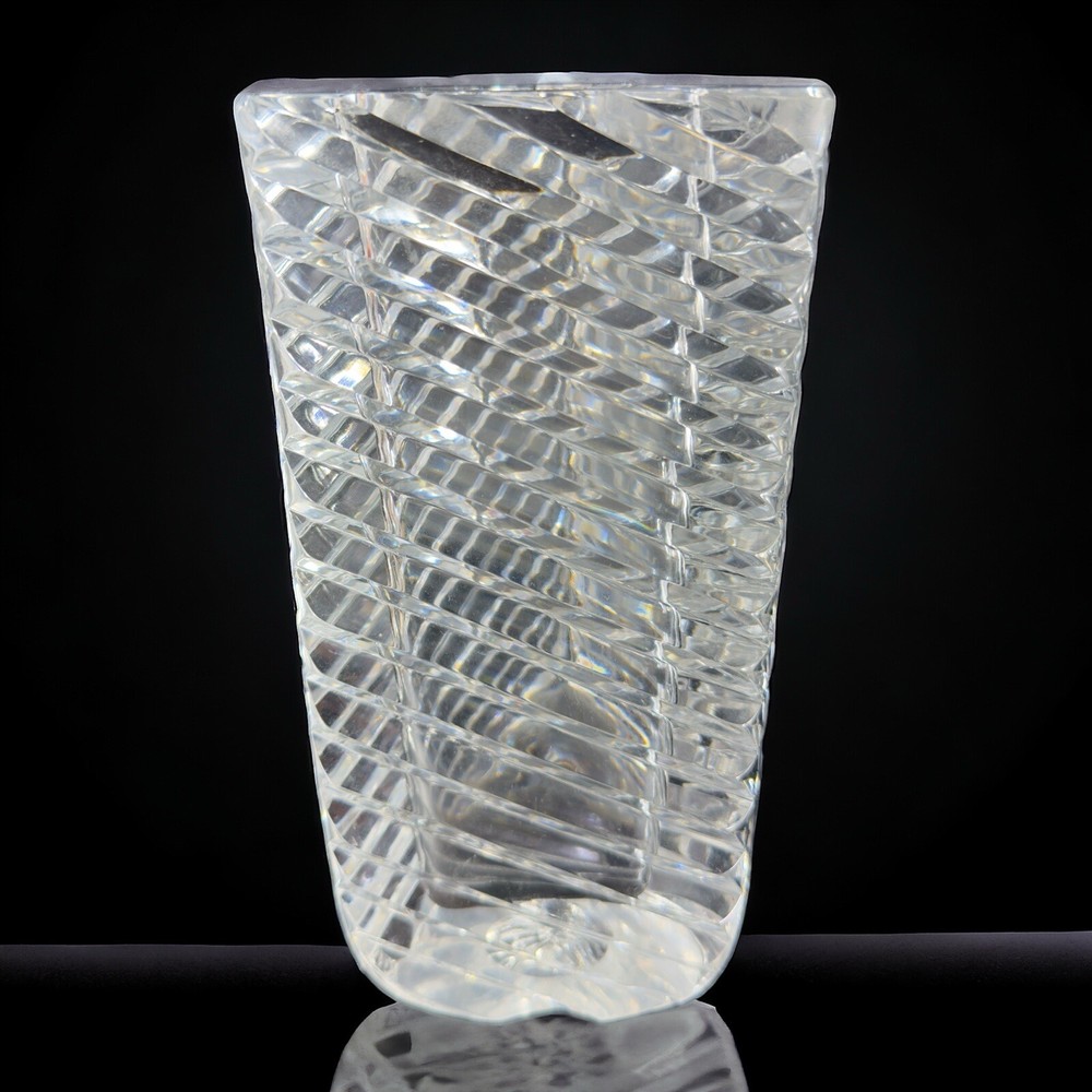 Rogaska Clear Crystal Glass Triangle Ribbed Shaped Vase Large Heavy Glass Optic