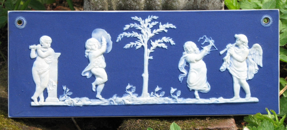 WEDGWOOD LIKE RARE DARK BLUE DIP PLAQUE OF CUPIDS & BOY TAMBORINE, GIRL TRIANGLE