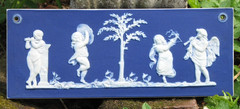 WEDGWOOD LIKE RARE DARK BLUE DIP PLAQUE OF CUPIDS & BOY TAMBORINE, GIRL TRIANGLE