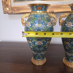 Pair Chinese Cloisonné Enamel Brass Floral Vases Blue Dragon Handle Vintage