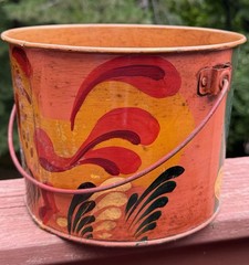 Peter Hunt Signed Painted Tin Toleware Folk Art Bucket-Rooster-Cape Cod-Anno 65
