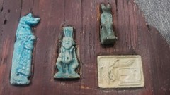 Antique Faience 3 AmuletS On A Red Piece Of Wood From EGYPT