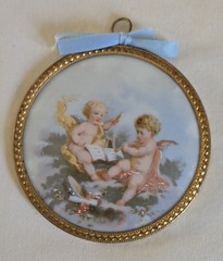 4 Antique FM Limoges France Cherubs Angels On Porcelain Medallion Transferware