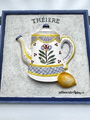 VTG French Kitchen Wall Plaques 3D Relief French Pottery IV Quimper Style Decor