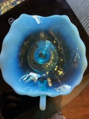 Antique 7” Dugan Glass Blue Opalescent Rayed Jane Footed Nappy Dish