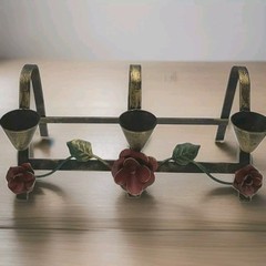 Vintage Candelabra Tole Cast Iron Hand Painted 3 Candlestick Holders Flowers