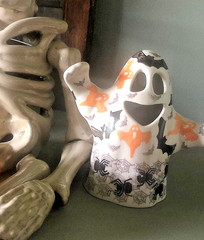 Polish Pottery Ceramic Ghost Lantern Figurine Boo Bats Spiders Webs Halloween
