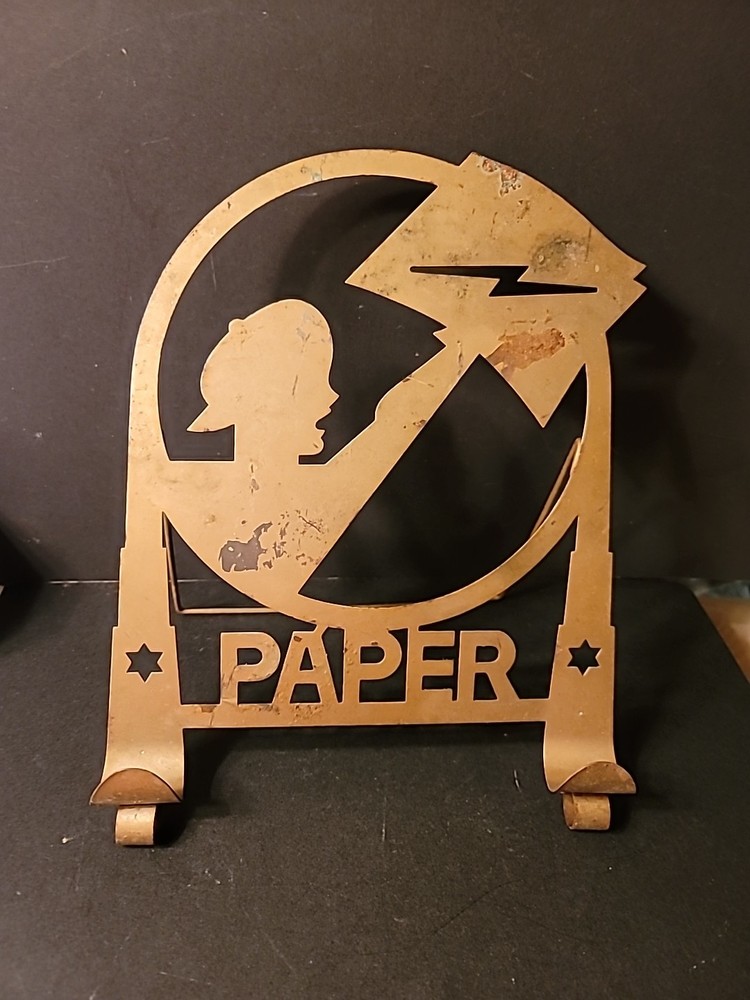 Art Deco 1930s Tin Newspaper Boy Lightning Bolt Collapsible Rack Feet Gold Paint