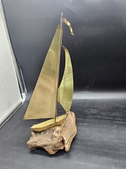 Demott Brass Sailboat Signed Driftwood Base Metal Art Pennant 60s Vtg