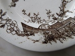 2 Vintage WHITE BROWN Transferware PLATES & TEAPOT Birds & Branches CRAZING