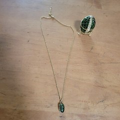 Stauer Green Enamel Rhinestone Egg & Necklace With Stand NEW IN BOX